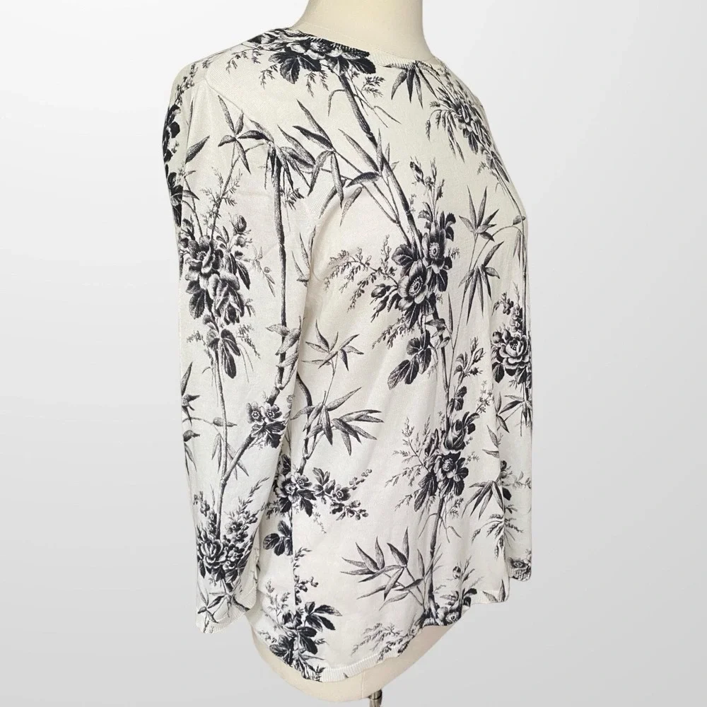 LOFT‎ XL Crew Neck Pullover Sweater Tunic Top Lightweight Cream Black Floral